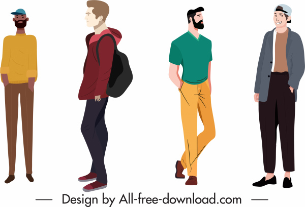 iconos de moda casual hombres sketch personajes de dibujos animados de colores