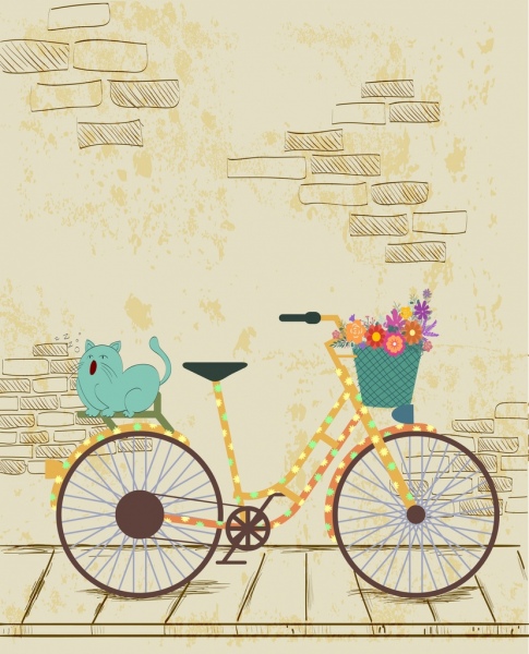 кошка рисования красочные велосипедов значок handdrawn эскиз