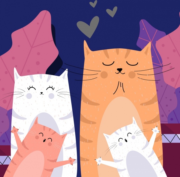 desain karakter kartun lucu kucing latar belakang keluarga