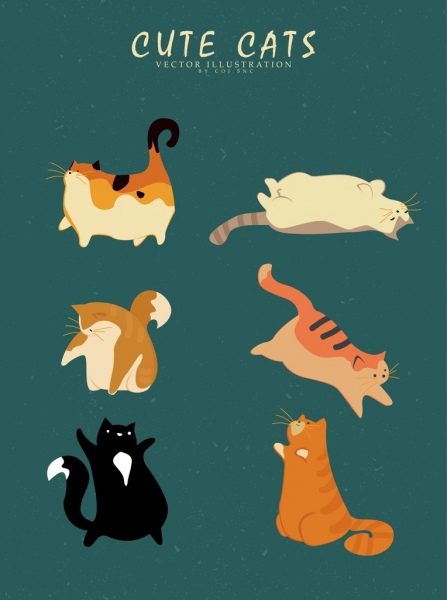 coleção de ícones de gato vários gestos retrô colorido