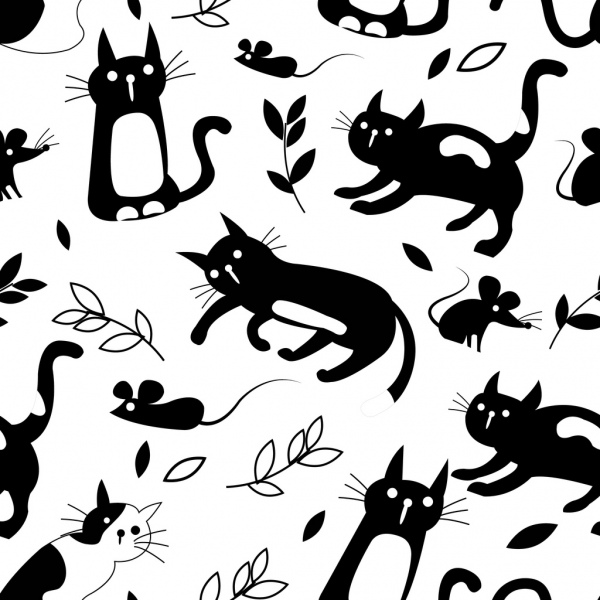 고양이 마우스 배경 검정 흰색 장식 클래식 디자인