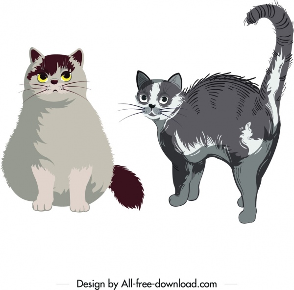 esboço do projeto dos desenhos animados de pele de ícones de animal de estimação gato cinzentos