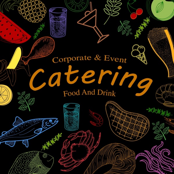 Catering Event Banner Food Icons Dark Colorful Design-vector Banner