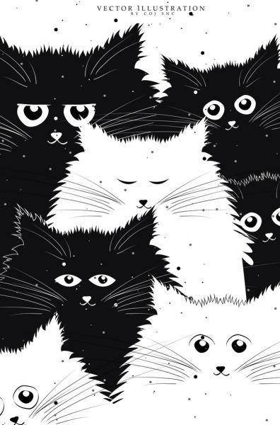 les chats historique en noir et blanc d'icônes cartoon conception