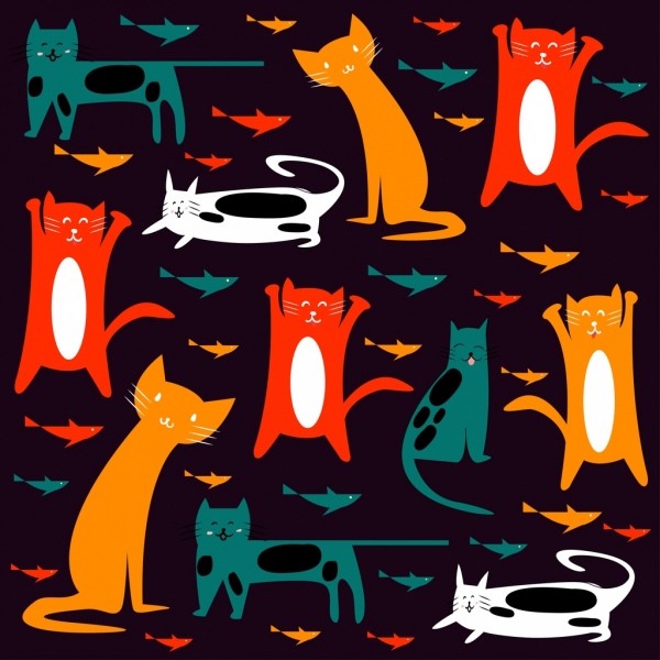 gatos de fundo liso de ícones coloridos decoração escura design