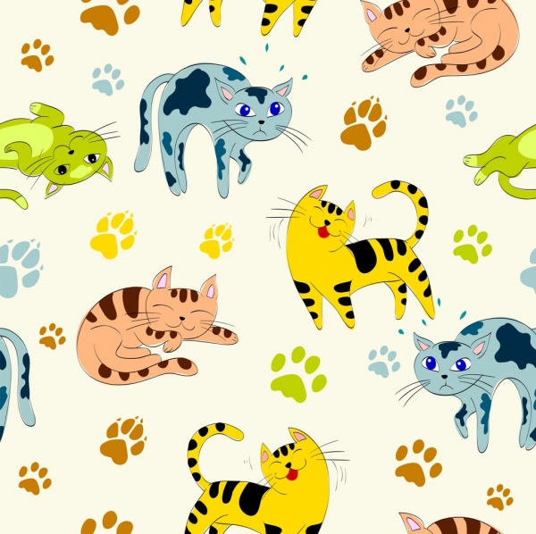 kucing latar belakang jejak kaki ikon berwarna-warni berulang desain