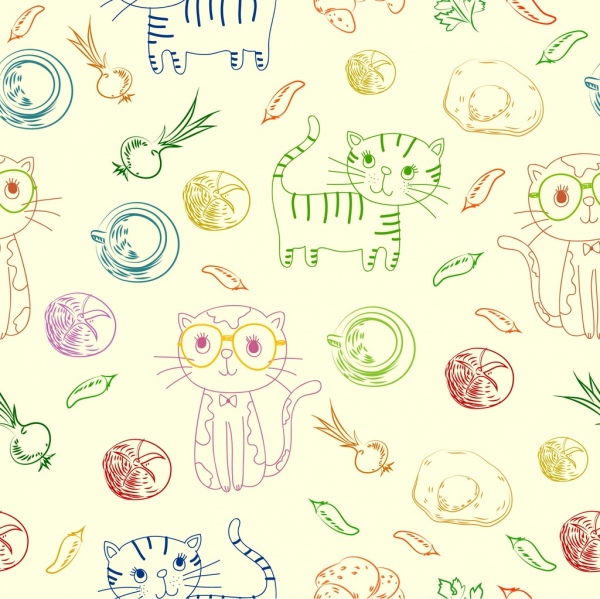 Katzen Hintergrund bunten handgezeichneten Essen Symbole wiederholen design