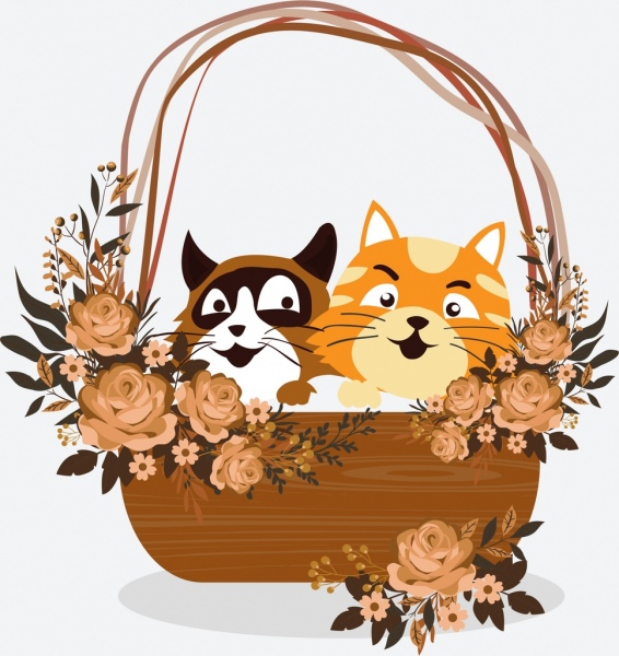 gatos cesta pintura ícones bonitos colorido design clássico