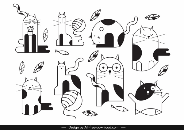 iconos de gatos divertidos blanco negro plano dibujado a mano bosquejo