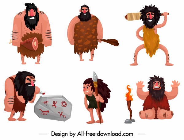personagens de desenhos animados engraçadas de ícones de homem das cavernas