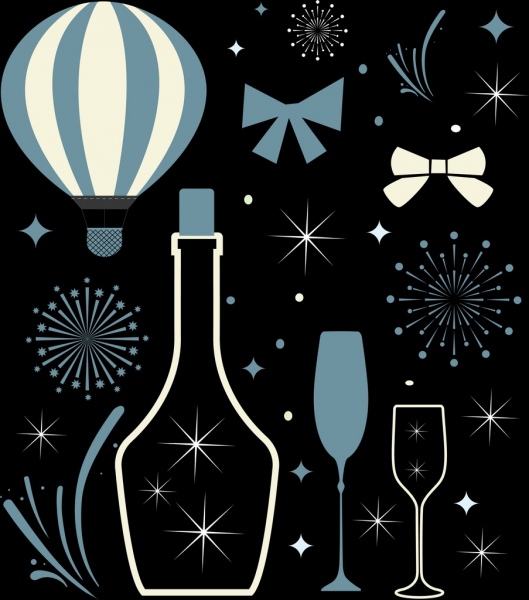 celebrazione sfondo champagne fuochi d'artificio oscuro disegno icone.