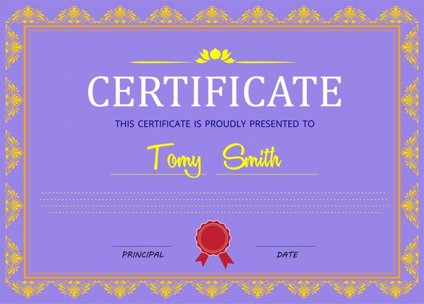 сертификат дизайн с классическим границы в фиолетовый фон