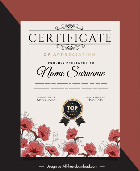 sertifikat template dekorasi botani elegan digambar tangan klasik
