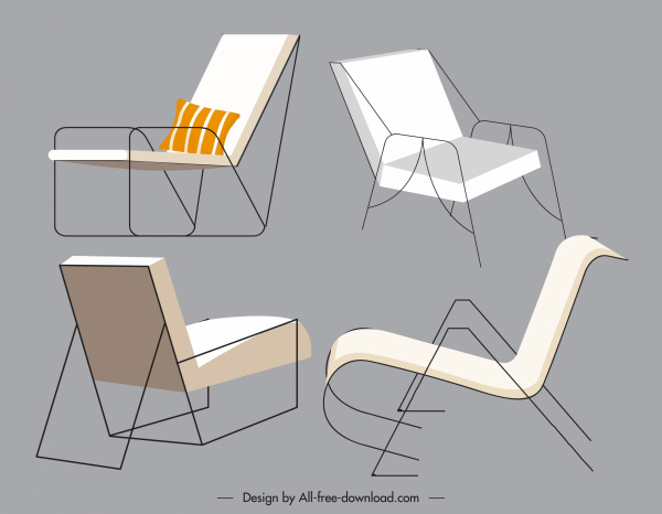 móveis de cadeira ícones design simples esboço 3D