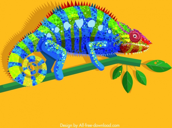 Chameleon động vật hoang dã sơn đầy màu sắc lấp lánh thiết kế phẳng