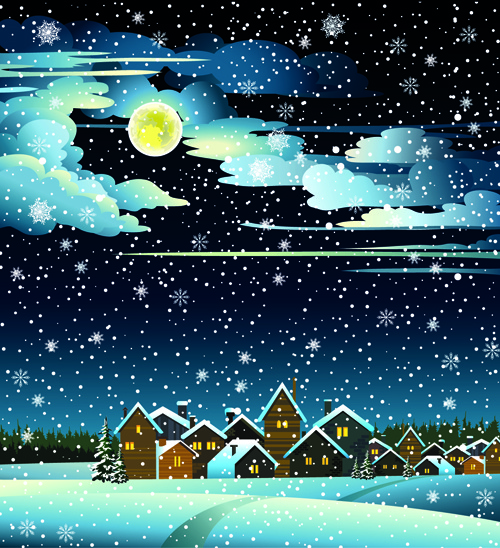 迷人的冬天的夜晚景观设计矢量