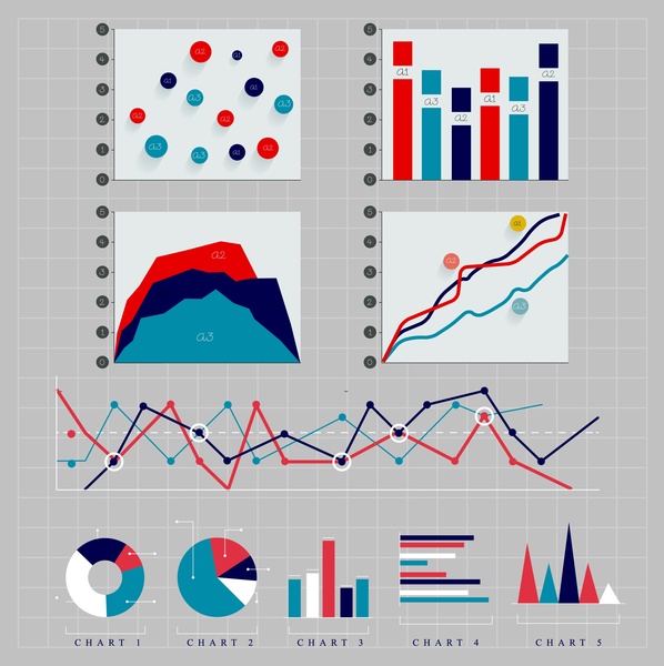 Charts-Auflistung illustriert mit verschiedenen Farben Stile