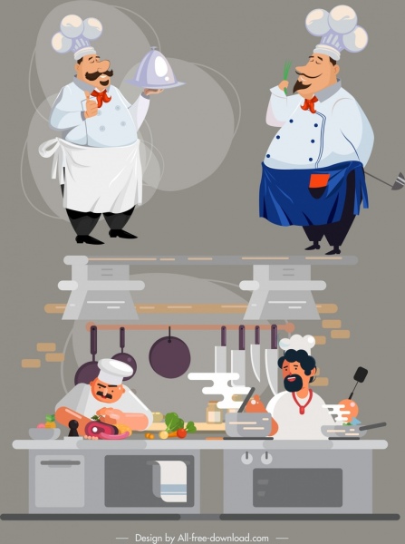 Los iconos de carrera de chef de dibujos animados dibujo de caracteres