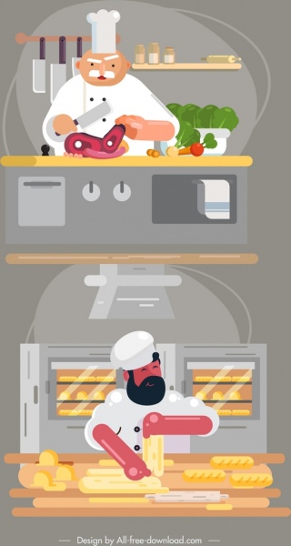 Koch arbeiten Symbole-Fleisch-Brot-Vorbereitung-Comic-Figuren