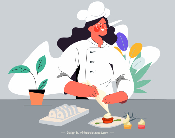 chef trabajo pintura mujer preparando alimentos dibujo animado bosquejo