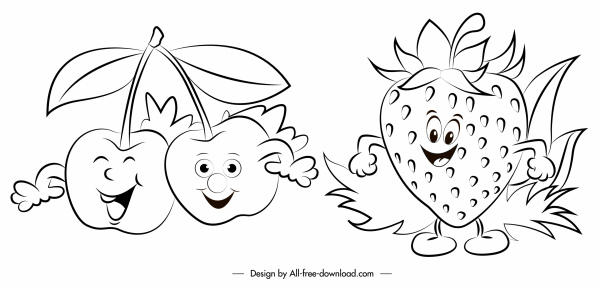 ikony truskawki wiśniowe stylizowane szkic ręcznie rysowany projekt