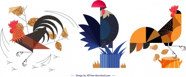 icone animale di pollo colorato disegno geometrico piatto