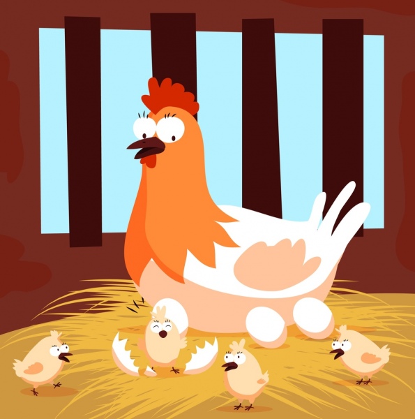 치킨 가족 배경 암 탉 병아리 아이콘 컬러 만화