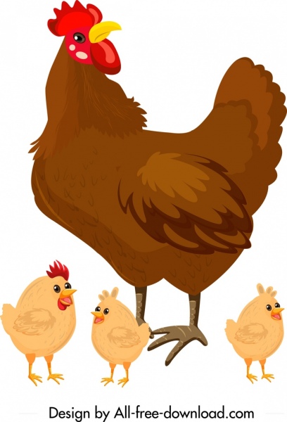 poulet famille peinture poule poussins icônes coloré Cartoon