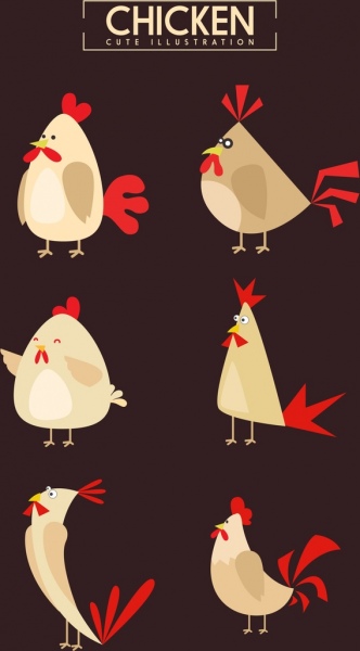 色の文字の様々 な漫画デザイン鶏アイコン コレクション