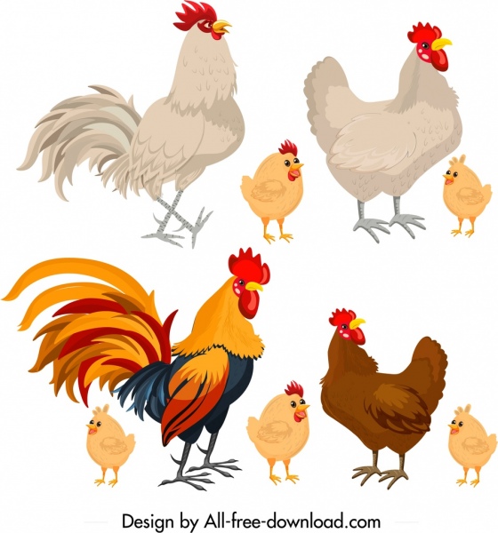 Куриные иконки цветной мультфильм дизайн