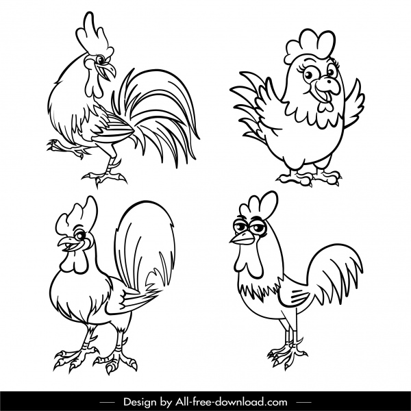 iconos de pollo divertido boceto blanco negro dibujado a mano diseño