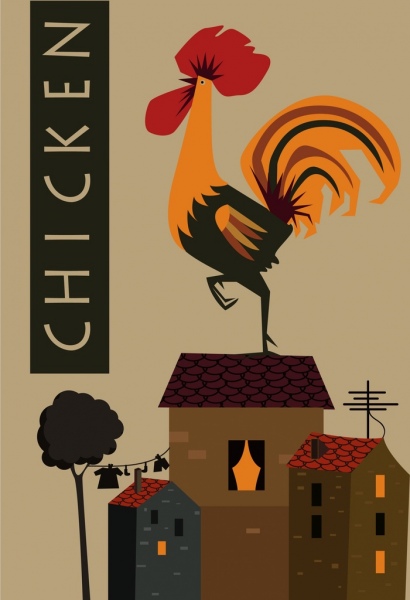 ayam tema latar belakang ayam bangunan ikon desain retro
