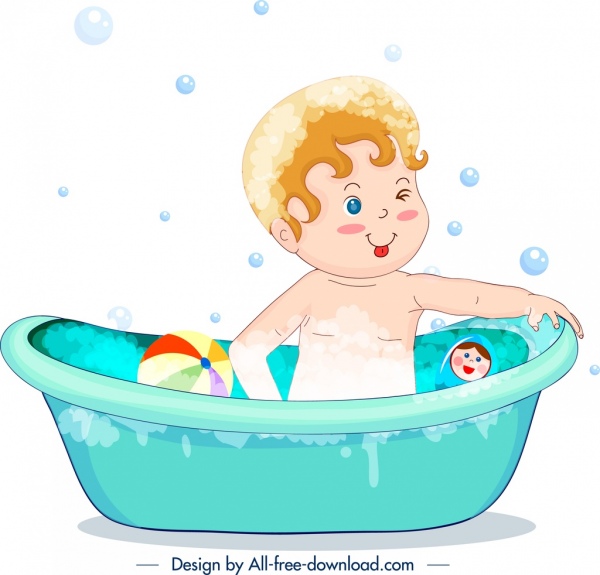 Детство фон купать малыша значок цветной мультипликационный персонаж
