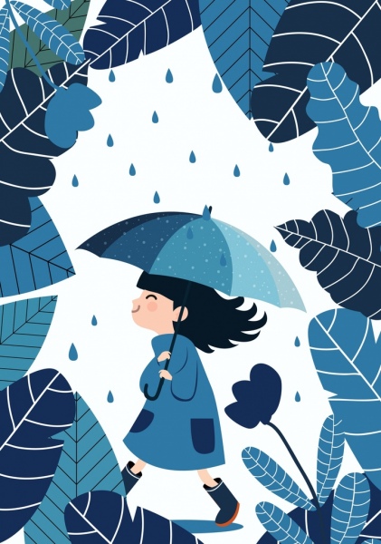 Kindheit Hintergrund blaues Design Mädchen verlässt Regenschirm Symbole