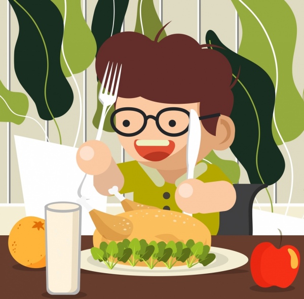 Детство фон мальчик ест еду продукты значки мультфильм дизайн