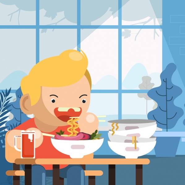 muchacho de fondo infancia comiendo el personaje de dibujos animados icono de fideos