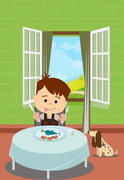 Детство мальчика фон едят морепродукты значок цветной мультфильм