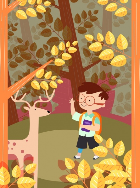 Renna di ragazzo di infanzia sfondo foresta fumetto colorato icone