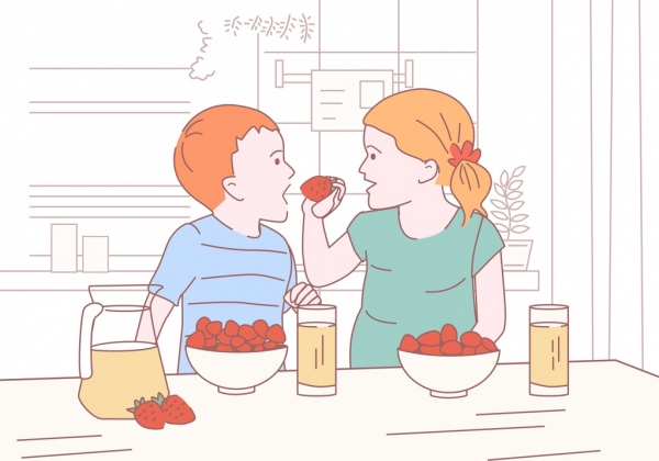 Fond d’enfance enfants mangeant des fruits icône croquis dessiné à la main