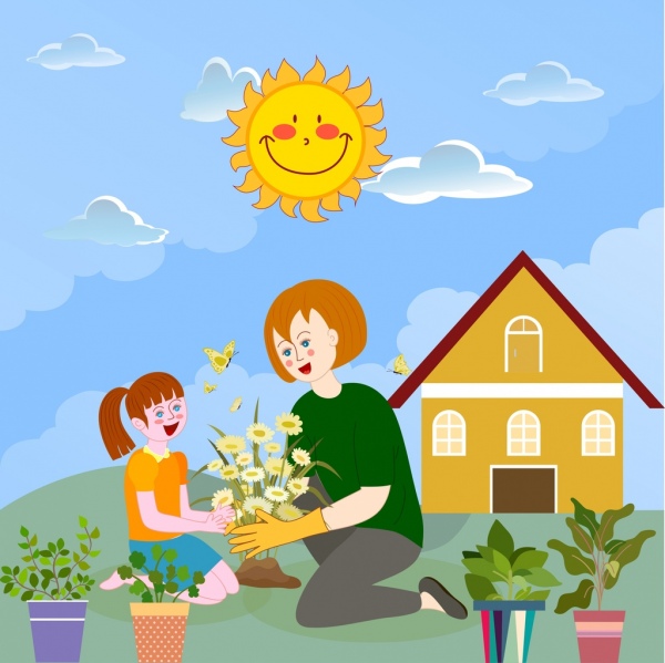 Kindheit-Hintergrund-Gartenarbeit-Thema-Cartoon-design