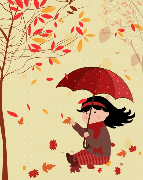 어린 시절 배경 소녀 떨어지는 나뭇잎 아이콘 빨강 장식