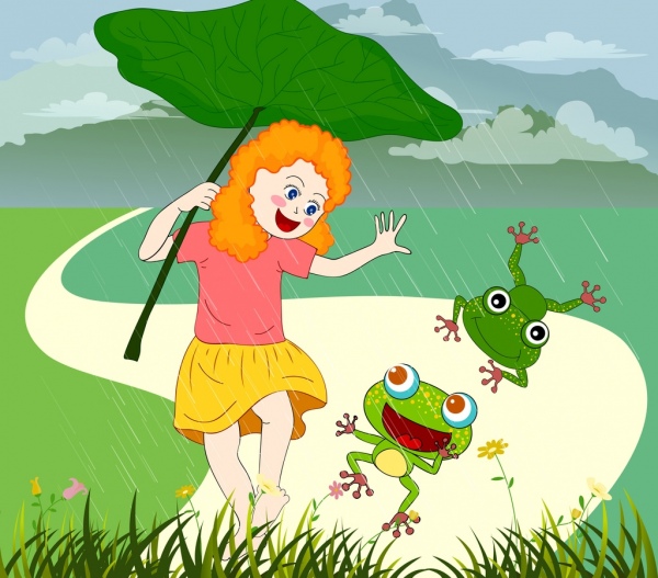 童年背景的女孩小雨蛙彩色卡通圖標