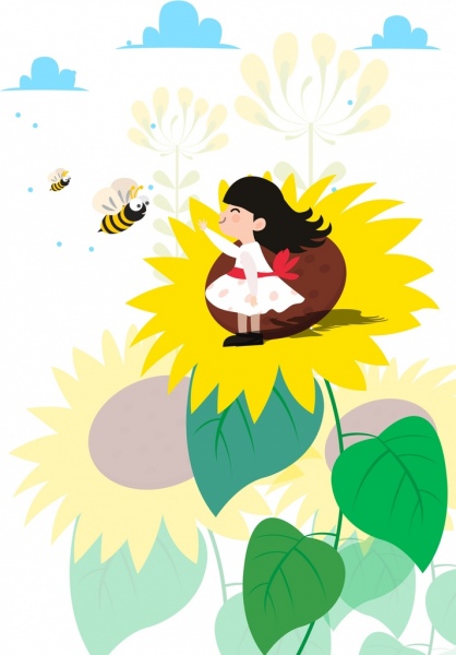 ícones de abelhas infantis fundo garota girassóis Cartum desenho