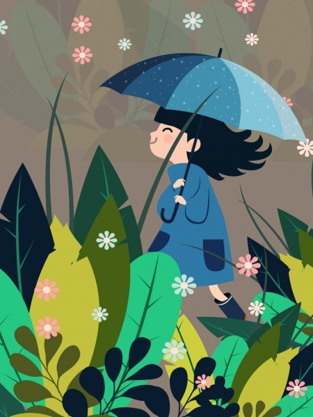 l’enfance fond fille parapluie fleurs feuilles icônes
