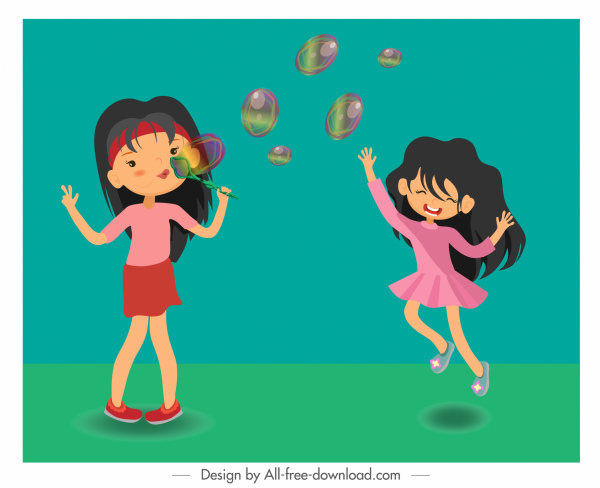 Kindheit Hintergrund Mädchen spielen Ballons Skizze Zeichentrickfiguren