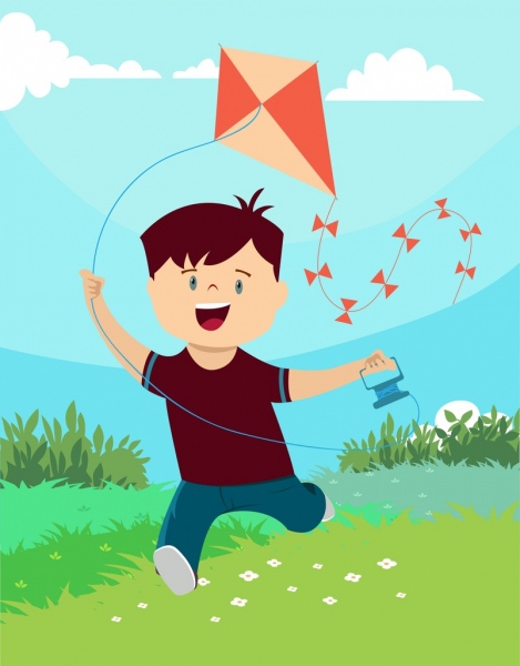 童年快乐的男孩的风筝彩色卡通图标背景
