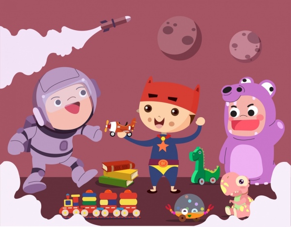 iconos de juguetes de infancia fondo muchachos alegres personajes de dibujos animados