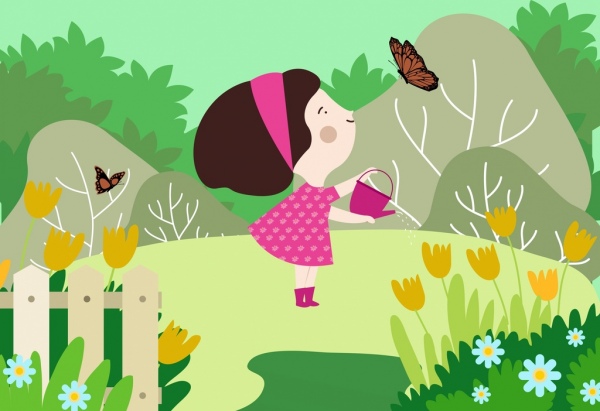 어린 시절 배경 즐거운 소녀 정원 아이콘 만화 디자인