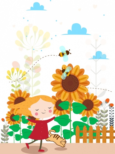 Childhood Background Joyful Girl Kitty Honeybees Sunflowers Icons-vector  Misc-free Vector Free Download