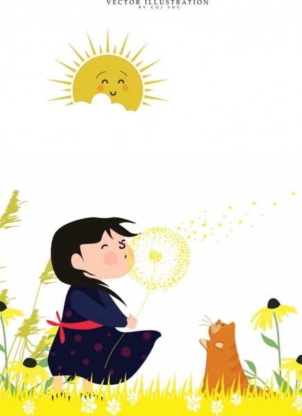 Kindheit Hintergrund fröhliche Mädchen Haustier stilisierte Sonne Symbole